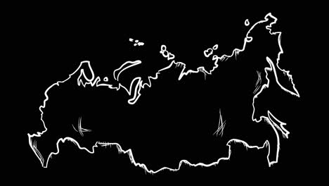 Animated-self-drawing-Russian-map-outline-art,-lines-forming-the-map-outline-against-a-black-background-alpha-channel-mode-overlay,-this-animation-represents-national-pride-and-identity