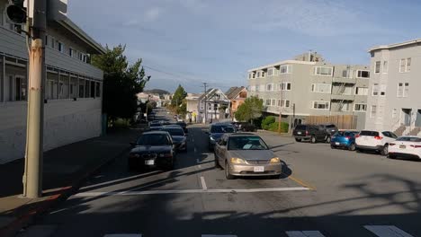 Riding-on-Tram-on-Streets-of-San-Francisco,-California-USA,-Right-Seat-Passenger-POV