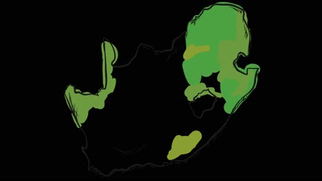 Mapa-Animado-De-Sudáfrica-Dibujado-A-Mano-En-Arte-Lineal,-Líneas-Que-Forman-El-Contorno-Del-Mapa-Contra-Un-Fondo-Negro-Con-Superposición-En-Modo-De-Canal-Alfa;-Esta-Animación-Representa-El-Orgullo-Y-La-Identidad-Nacionales