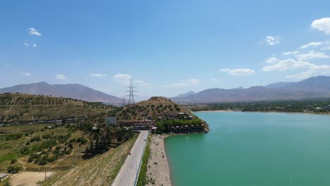 Aerial-View-of-Lake-Landscape-in-Kabul-Afghanistan,-Blue-sky