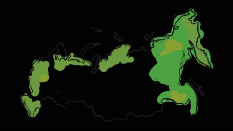 Animated-self-drawing-Russian-map-in-line-art,-lines-forming-the-map-outline-against-a-black-background-alpha-channel-mode-overlay,-this-animation-represents-national-pride-and-identity