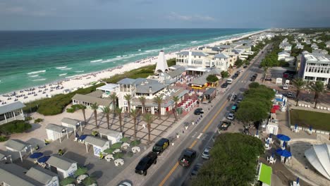 Seaside---Resort-Community-In-Northwest-Florida,-On-The-Gulf-Of-Mexico---Aerial-Drone-Shot