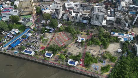 Aerial-tilt-view-of-public-waterfront-pier-in-Buenaventura,-Colombia