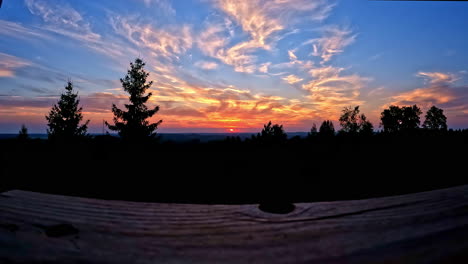 Lapso-De-Tiempo-De-Un-Horizonte-Azul-Anaranjado-Con-Pinos,-Luz-De-Fondo,-Paisaje-Ventoso