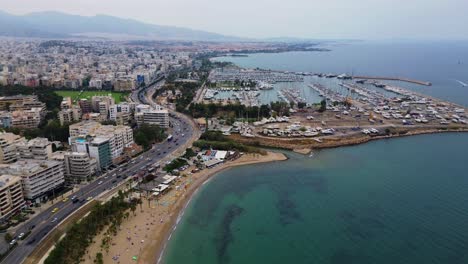 Greece,-Athens-coastline-beach-Aegean-sea-aerial-Marina-port-in-Piraeus