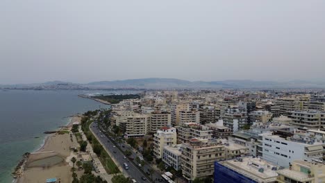 Athens-Greece-city-beach,-road-infrastructure-and-buildings,-Piraeus-region