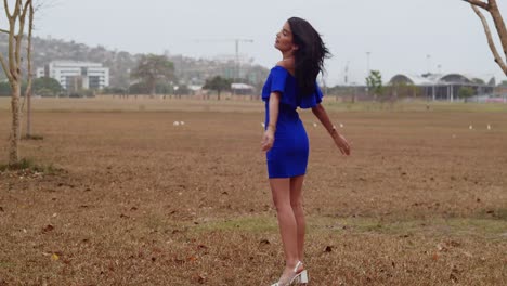 Los-Castillos-En-El-Fondo-De-Un-Parque-Soleado-Preparan-El-Escenario-Para-Una-Niña-Con-Un-Vestido-Azul.