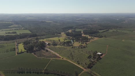 High-altitude-and-distancing-aerial-movement-about-the-local-golf-club-and-green-tea-fields,-Argentina