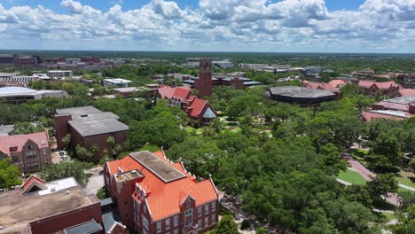 Aerial-flyover-University-of-Florida-Areas-with-historic-buildings-and-green-trees-in-summer