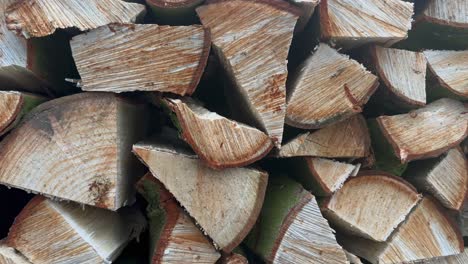 Close-up-pan-across-chopped-firewood-logs-stacked-loose-to-dry-out