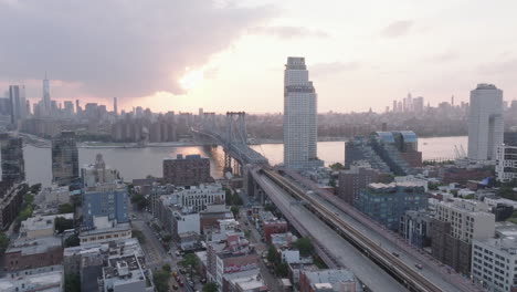 Aerial-view-of-Williamsburg,-Brooklyn-during-a-summer-sunset