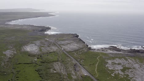 Flyover-the-rugged-bedrock-landscape-of-The-Burren-on-Irish-west-coast