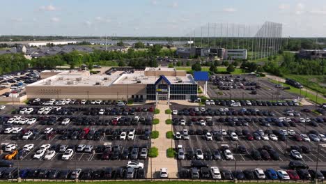 Establishing-Drone-Shot-Above-CarMax,-Used-Car-Dealership