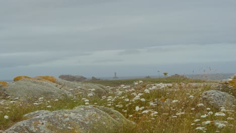 Felsbrocken-Auf-Der-Wiese-Am-Meer-Mit-Leuchtturm-In-Der-Ferne