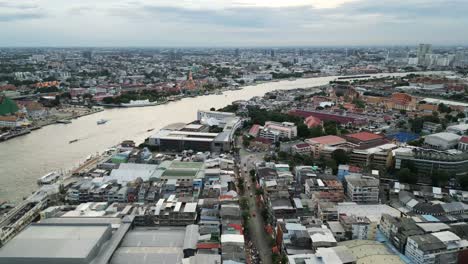 Aerial-at-Bangkok-Southeast-Asian-riverside-town-humble-neighborhood-of-Thailand