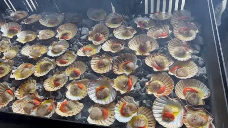 Butter-sizzles,-scallops-grill-in-the-shell-on-hot-coals-at-seafood-BBQ