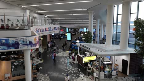 Vista-Elevada-De-Pasajeros-En-La-Remodelada-Terminal-B-De-LGA,-Pasajeros-Caminando-Hacia-Las-Puertas-Y-Visitando-Tiendas