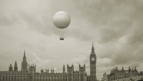 Aventura-En-Globo-Aerostático-Y-El-Big-Ben-Bajo-Un-Cielo-Nublado-En-Tonos-Sepia:-Un-Viaje-Atemporal-Por-Londres