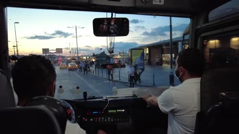 View-from-the-front-side-of-a-bus-transporting-people-through-the-rush-and-bustling-streets-of-Istanbul