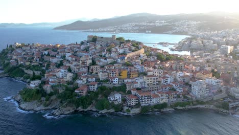 Kavala-Greece-Aerial-Crane-Shot,-Panagia-Gulf-Old-City-View