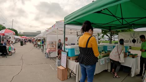 Clientes-En-Un-Puesto-En-El-Mercado-De-Agricultores-Local-Con-Una-Sartén-Frente-A-Otros-Puestos