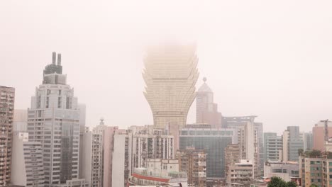 Grand-Lisbon-casino-and-skyline-buildings-under-hazy-gray-sky-due-to-air-pollution-and-climate-change