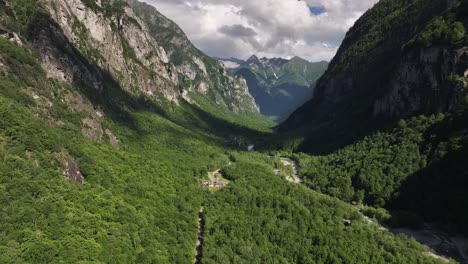 Lush-green-valley-surrounded-by-towering-Alps,-dense-forest-and-mountain-peaks-in-Maggiatal-Vallemaggia