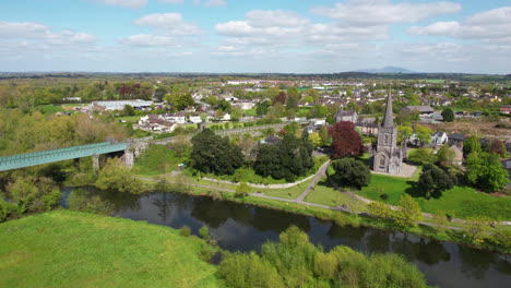 Aerial-View-of-Cahir-Viaduct,-River-and-St-Paul’s-Church-of-Ireland-on-Sunny-Day