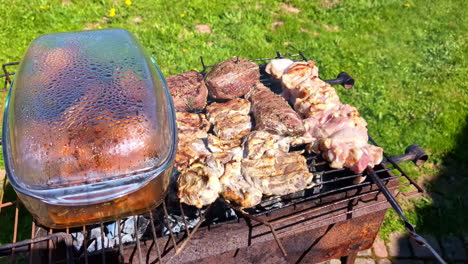 Schwenkansicht-Von-Fleisch,-Das-Auf-Einem-Holzkohlegrill-Zubereitet-Wird