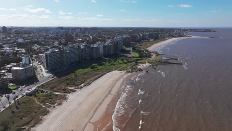 Montevideo-Uruguay,-Aerial-panning-view-of-Buceo-beach