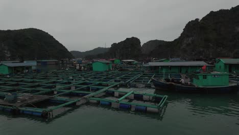 A-floating-village-of-Ha-Long-Bay,-Lan-Ha-Bay-in-Vietnam-among-islands-of-Karst-Mountains