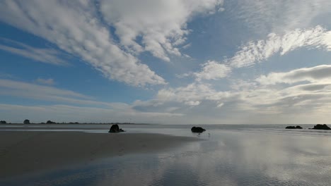 Möwe-Lässt-Im-Winter-Eine-Muschel-Auf-Einem-Sandstrand-Unter-Riesigen-Cumuluswolken-Fallen---Sumner-Beach,-Christchurch,-Neuseeland