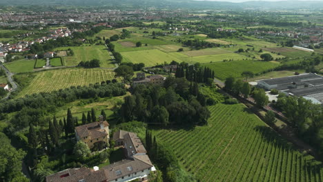 Lush-vineyards-and-italian-villa-surrounded-by-greenery,-sunny-day,-aerial-view