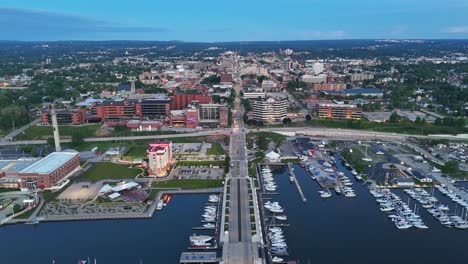 Drone-shot-pulling-out-from-Erie-Pennsylvania's-Bayfront-at-blue-hour