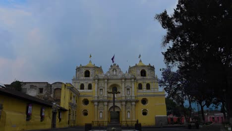 Explore-the-grandeur-of-a-historic-yellow-church-in-Antigua,-Guatemala