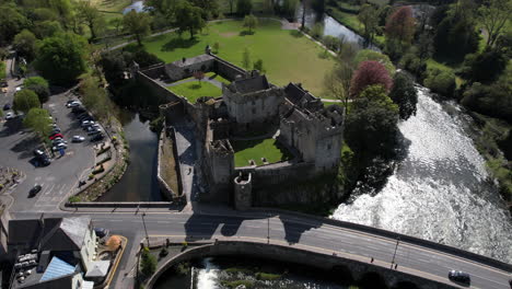 Drone-Shot-of-Cahir-Castle-From-12th-Century,-County-Tipperary,-Ireland,-Landmark-on-Sunny-Day