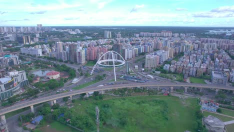 An-aerial-view-of-Biswa-Bangla-gate-or-Kolkata-Gate-at-New-Town,-Kolkata