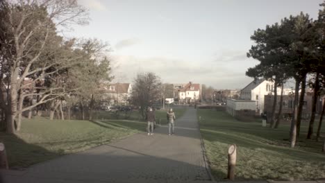 europe-town-alley-in-residential-neighborhood-with-grassland-look-out-view-couple-dog-walking