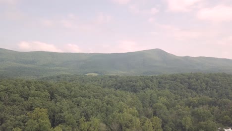 Drone-flying-forward-over-trees-and-forest-in-the-Smoky-Mountains-in-eastern-Tennessee-during-a-cloudy,-sunny-day