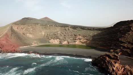 Aerial-Footage-Of-The-Green-Lagoon-At-El-Golfo,-Lanzarote