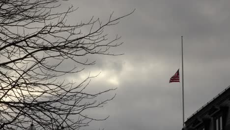 Una-Fuerte-Brisa-Hace-Ondear-La-Bandera-De-Los-Estados-Unidos-A-Media-Asta-Contra-Un-Cielo-Gris-Tormentoso-Con-árboles-Sin-Hojas-En-Primer-Plano-4k