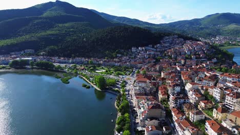 Lake-Orestiada-Kastoria-Greece-region-of-Macedonia,-aerial-city-buildings-orange-roof