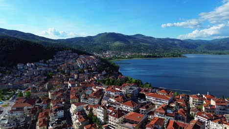 Kastoria-Greece-aerial,-Lake-Orestiada-region-of-Macedonia,-city-buildings-orange-roof