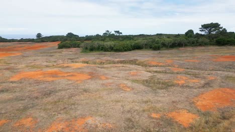 Red-and-orange-barren-landscape-with-patches-of-green-vegetation-on-Santa-Maria-Island