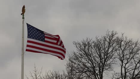 United-States-flag-flies-against-stormy-grey-skies-from-an-eagle-topped-flag-pole-with-leafless-winter-trees-in-background