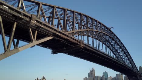 Beautiful-panning-and-close-up-shot-of-the-Sydney-Harbour-Bridge-below-the-bridge-on-Sunset