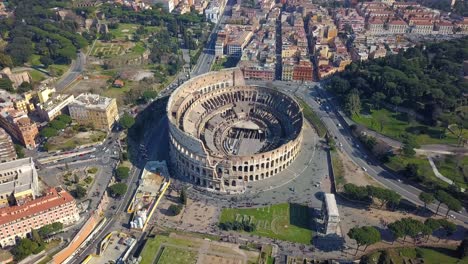 Drone-Aerial-view-of-the-Colosseum,-Rome-Italy