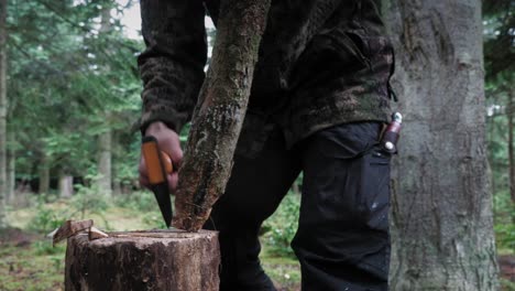 Person-chopping-a-branch-for-primitive-shelter-build,-Static-Shot