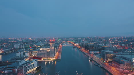 Aerial-view-of-Dublin-City-at-dawn,-shot-in-4K