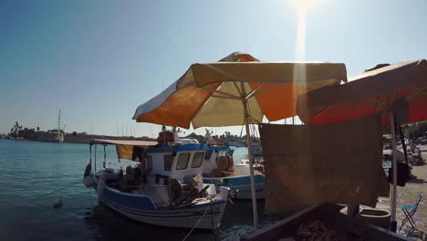 Pequeños-Barcos-De-Pesca-Y-Pescado-Fresco-En-El-Puerto-Griego-De-Kos